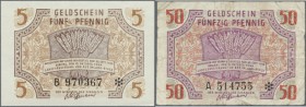 Rheinland-Pfalz, Landesregierung, 5 (Serie B), 10 (Serie C), 50 Pf., 15.10.1947, 5 und 10 Pf. Erh. I, 50 Pf. Erh. III-IV, total 3 Scheine