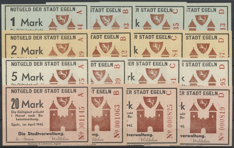 Egeln, Stadt, 1, 2, 5, 20 Mark, April 1945, jeweils Reihe A - D, Erh. I, 16 Sche...