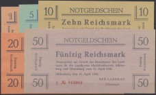 Miltenberg, Landkreise Marktheidenfeld, Miltenberg und Obernburg, 1, 5, 10, 20, 50 Reichsmark, 15.4.1945, Erh. I, I-, 5 Scheine