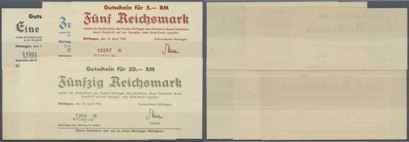 Nürtingen, 10.4.1945, Gutscheine des Kreisverbandes über 1, 2, 5, 10, 20 und 50 ...