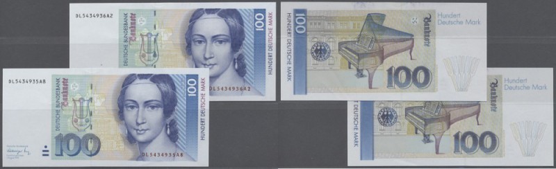 Bundesrepublik: 2 x 100 DM 1991, Ro.300a mit fortlaufender Seriennummer DL543493...
