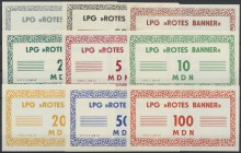 LPG-Geld, ”Rotes Banner” (ohne Ortsangabe), 10, 50 Pf., 1, 2, 5, 10, 20, 50, 100 MDN, 1967, Erh. I, 9 Scheine