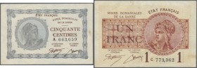 Saar: 50 Centimes und 1 Franc 1920, Ro.865, 866 in schöner Gebrauchserhaltung (2 Banknoten) // Saar: 50 Centimes, 1 Franc 1920, P.1 and 2 in nice used...