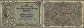 Deutsch Ostafrika: 50 Rupien 1905, Ro.902d in stärker gebrauchter Erhaltung mit etlichen Knicken und Flecken. Erhaltung: F- // German East Africa: 50 ...