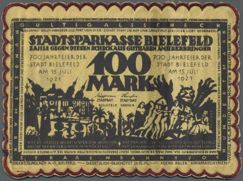 Bielefeld, 100 Mark, 15.7.1921, gelbe Seide, Umschrift ”FRANZÖSISCHER VERTRAGSBR...