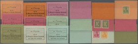 Besigheim, G. Müller'sche Buchdruckerei, ”Markenkarten”, o. D., 20 Pf., 2 x orange, 2 x rot, violett, jeweils Karton, 50 Pf., blaugrün, Karton, olivgr...