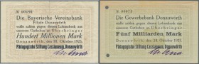 Donauwörth, Pädagogische Stiftung Cassianeum, 100 Mio. Mark, 10.10.1923, Erh. IV, 5 Mrd. Mark, 24.10.1923, Erh. II-, lochentwertet, 2 Scheine