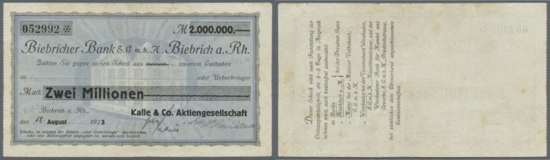 Biebrich, Kalle & Co. AG, 2 Mio. Mark, 18. (hschr.) 8.1923, gedruckter Scheck au...