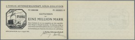 Köln-Zollstock, J. Pohlig AG, 1 Mio. Mark, 9.8. - 15.9.1923, Erh. I, seltene Ausgabestelle
