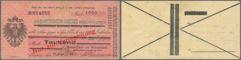 Leipzig, Darmstädter und Nationalbank, 1000 Mark, 27.9.1922, Postkartenscheck au...