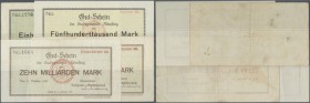 Altensteig, Stadtgemeinde, 100 Tsd. Mark, mit KN, Erh. III, 500 Tsd. Mark, ohne KN, Erh. I-, beide 8.8.1923, 10 Mrd. Mark (2), 11.10.1923, Wertziffer ...
