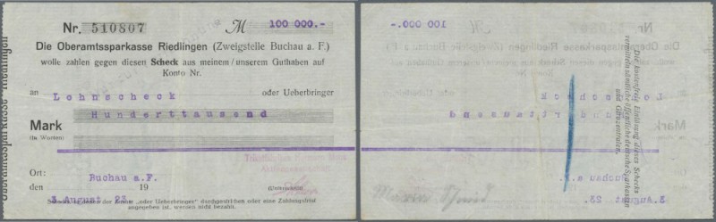 Buchau, Trikotfabriken Hermann Moos AG, 100 Tsd. Mark, 3.8.1923, mit Schreibmasc...