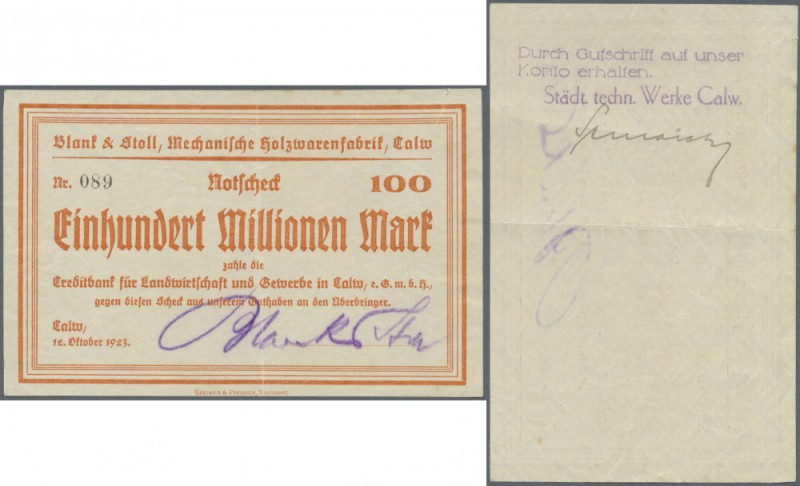 Calw, Blank & Stoll, Mechanische Holzwarenfabrik, 100 Mio. Mark, 12.10.1923, Erh...