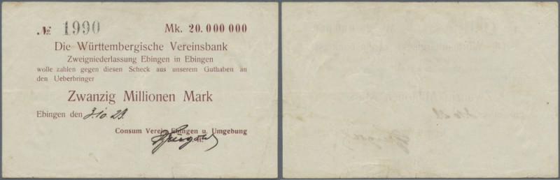 Ebingen, Consum-Verein, 20 Mio. Mark, 3.10.1923 (Datum handschriftlich), Scheck ...