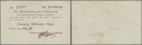 Ebingen, Consum-Verein, 20 Mio. Mark, 3.10.1923 (Datum handschriftlich), Scheck auf Württembergische Vereinsbank, Erh. III
