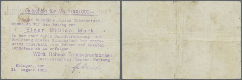 Ebingen, Württ. Hohenz. Tricotwarenfabriken GmbH, 1 Mio. Mark, 31.8.1923, hektog...