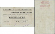 Eislingen / Fils, A. Wurster & Co., 100 Tsd. Mark, 31.7.1923, vollständig gedruckter Gutschein, Erh. III, Nennwert bei Karau nicht bekannt, von großer...