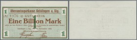Geislingen, Oberamtssparkasse, 1 Billion Mark, 20.10.1923, Druckfirma ”MAURER'SCHE BUCHDRUCKEREI”, oben mit breitem Rand, Erh. I-
