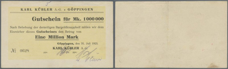 Göppingen, Karl Kübler AG, 1 Mio. Mark, 31.7.1923, Erh. II-III, Ausgabestelle be...