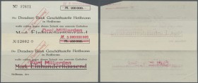 Heilbronn, Dresdner Bank Geschäftsstelle Heilbronn, 3, 5 Mrd. Mark, o. D., Kundenschecks, überstempelt jeweils auf 100 Tsd. Mark, Erh. I- (3 Mrd. Ecks...