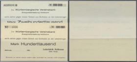 Heilbronn, Lederfabrik Heilbronn Gebr. Victor, 100, 200 Tsd. Mark, Schecks auf Württembergische Vereinsbank, mit KN, blanko o. D. und ohne Unterschrif...