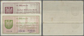 Isny, Gewerbe- und Landwirtschaftsbank, 100, 500 Mrd. Mark, 15.10.1923, teils randstockig, Erh. II-III, total 2 Scheine