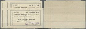 Kaiseringen, J. C. Kauffmann Sohn, 50 Mio. Mark, Schecks auf Württembergische Vereinsbank Ebingen, versch. handschr. Daten (Septbr 1923, Oktober 1923,...