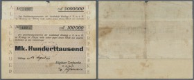 Kisslegg, Allgäuer Torfwerke GmbH, 100 Tsd. Mark, 24.8. (hschr.), 5 Mio. Mark, 15.9. (hschr.) 1923, Erh. IV-, total 2 Scheine