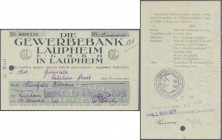 Laupheim, Laupheimer Oel- & Fettwaren-Fabrik, 15 Billionen Mark, 12.11.1923, Kundenscheck der Gewerbebank Laupheim, Aussteller gestempelt, Nennwert un...