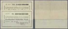 Lauterbach, Ferd. Arnold & Co., Kammfabrik, 5 Mrd. Mark, 30.10.1923, 200 Mrd. Mark, 16.11.1923, Daten jeweils gestempelt, gedr. Schecks auf Gewerbeban...