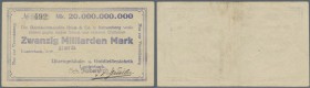 Lauterbach, Uhrengehäuse- und Goldleistenfabrik Joh. Haberstroh, 20 Mrd. Mark, 31.10.1923, Datum gestempelt, hektograph. Scheck auf Bankkommandite Blu...