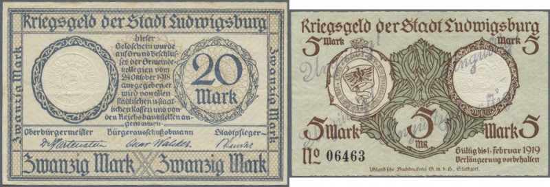Ludwigsburg, Stadt, 5, 20 Mark, mit KN und Stempel ”Ungültig!”, Erh. II-III, tot...