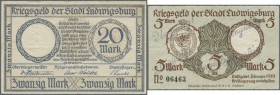 Ludwigsburg, Stadt, 5, 20 Mark, mit KN und Stempel ”Ungültig!”, Erh. II-III, total 2 Scheine