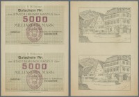Nagold, Stadt, 5 Billionen (5000 Milliarden) Mark, 8.11.1923, Wertziffer und Wappen lila statt rot, ohne KN, unzertrenntes senkr. Paar, marginal randb...