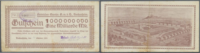 Neckarsulm, Gebrüder Spohn GmbH, 1 Mrd. Mark, 30. (hschr.) 10.1923, Gutschein au...
