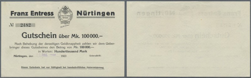 Nürtingen, Franz Entress, 100 Tsd. Mark, 20.8. (gestempelt) 1923, mit KN , ohne ...