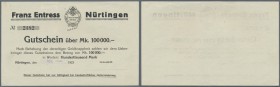 Nürtingen, Franz Entress, 100 Tsd. Mark, 20.8. (gestempelt) 1923, mit KN , ohne Unterschrift, Erh. I-II