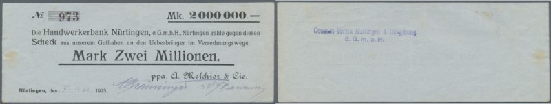 Nürtingen, A. Melchior & Cie., 2 Mio. Mark, 23.8.23 (Datum gestempelt), Scheck a...