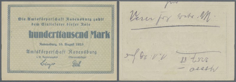 Ravensburg, Amtskörperschaft, 200 Tsd. Mark, 18.8.1923, ”Zwei” der Wertzeile nic...