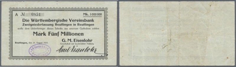 Reutlingen, G. M. Eisenlohr GmbH, 5 Mio. Mark, 28.8.1923, Scheck auf Württemberg...