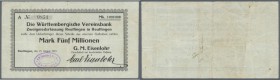 Reutlingen, G. M. Eisenlohr GmbH, 5 Mio. Mark, 28.8.1923, Scheck auf Württembergische Vereinsbank, Nennwert nicht bei Karau, Erh. III