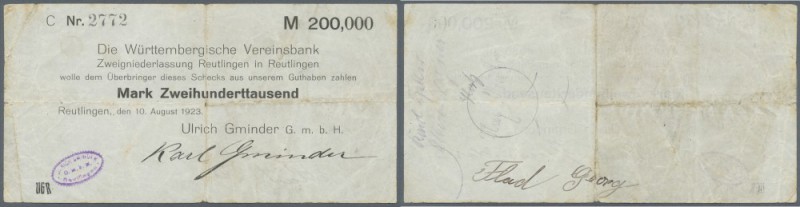 Reutlingen, Ulrich Gminder GmbH, 100 Tsd. Mark, 10.8.1923, Serie C, Scheck auf W...