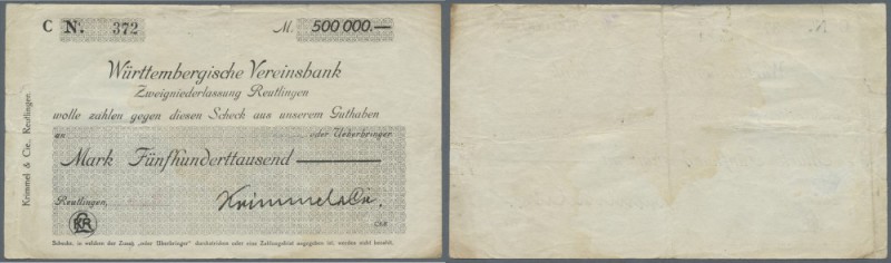 Reutlingen, Krimmel & Cie., 500 Tsd. Mark, o. D., Scheck auf Württembergische Ve...