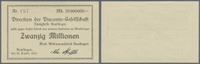 Reutlingen, Mech. Wirkwarenfabrik, 20 Mio. Mark, 24.9.1923, vollständig gedruckter Scheck auf Disconto-Gesellschaft, Ausgabestelle weder bei Keller no...