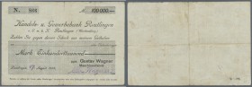 Reutlingen, Gustav Wagner Maschinenfabrik, 100 Tsd. Mark, 17. (hschr.) 8.1923, Datum nicht bei Karau, Erh. III-IV
