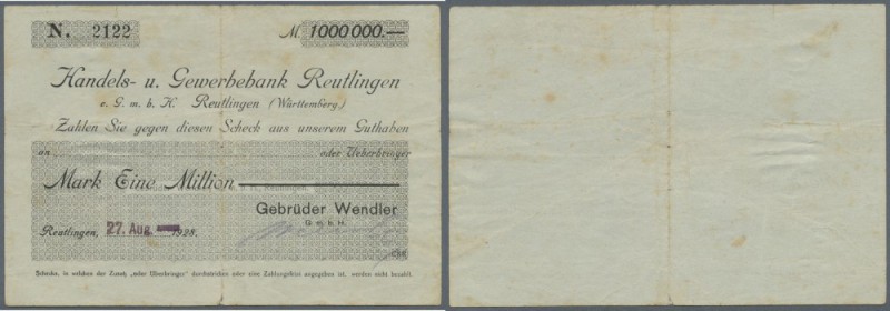 Reutlingen, Gebrüder Wendler, 1 Mio. Mark, 27.8. (gestempelt) 1923, Scheck auf H...