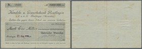 Reutlingen, Gebrüder Wendler, 1 Mio. Mark, 27.8. (gestempelt) 1923, Scheck auf Handels- und Gewerbebank Reutlingen, Ausgabestelle weder bei Keller noc...
