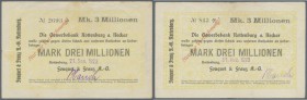 Rottenburg, Fouquet & Frauz AG, 3 Mio. Mark, 31.8.1923, 21.9.1923 (Daten gestempelt), Nominale nicht bei Karau, Erh. III, total 2 Scheine
