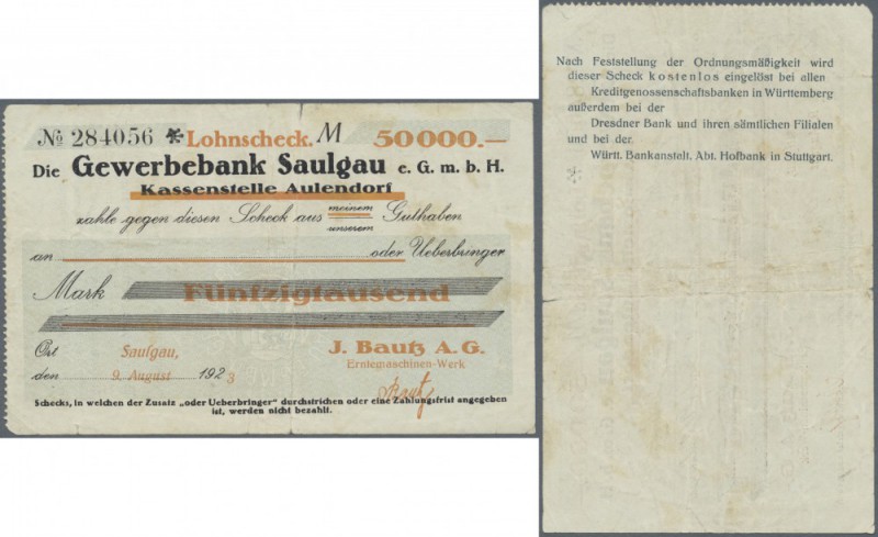 Saulgau, J. Bautz AG, Erntemaschinen-Werk, 50 Tsd. Mark, 9.8.1923, Lohnscheck au...