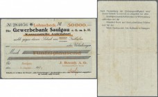 Saulgau, J. Bautz AG, Erntemaschinen-Werk, 50 Tsd. Mark, 9.8.1923, Lohnscheck auf Gewerbebank Saulgau, Erh. III-IV, Nennwert weder bei Keller noch bei...
